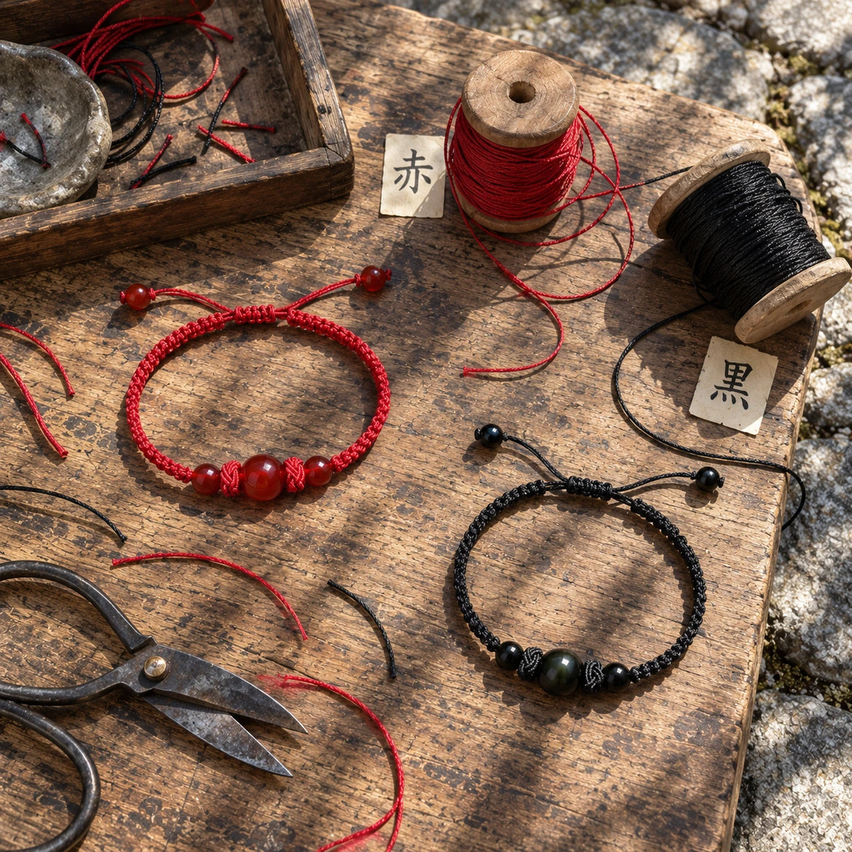 Red and black bracelets with thread spools and scissors