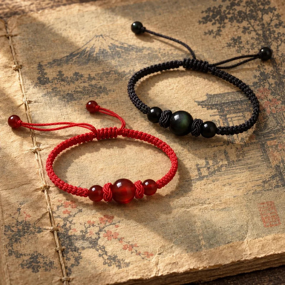 AKA red and KURO black bracelets on an illustrated book